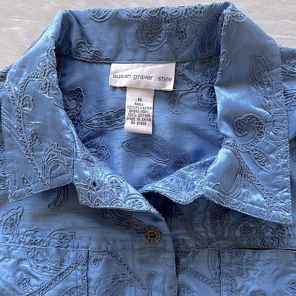 Susan Graver Blue Dupioni Texture Satin Floral Embroidery Jacket Coastal Grandma - Picture 11 of 12